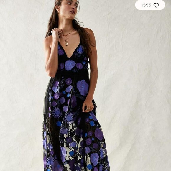 For Love Lemons Kaylee Bold Vibrant Floral Embroidered Sheer Maxi Dress S $348 - Picture 1 of 7